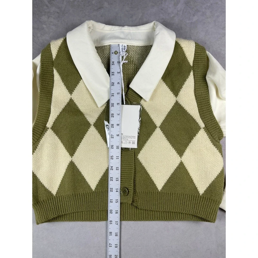 Bao Mi Hua Argyle Knit Cropped Cardigan Vest‎ & White Shirt Set Green Cream NEW